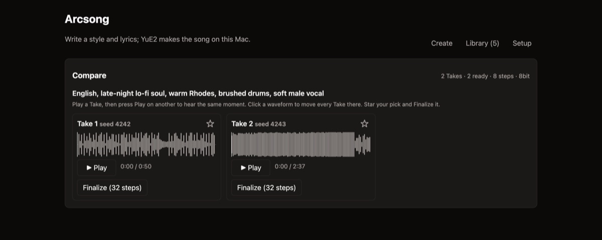 Arcsong comparing two generated takes of a song, with waveforms