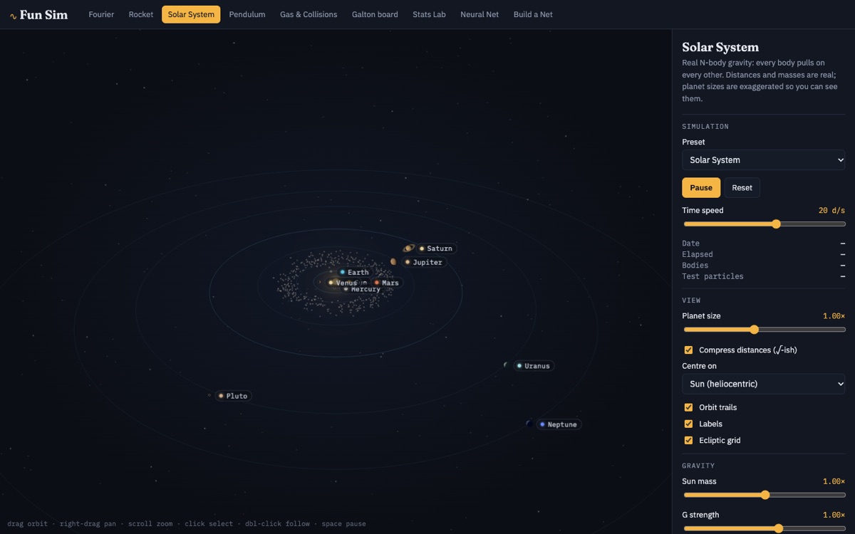 A live N-body simulation of the solar system with labelled planets and orbit trails
